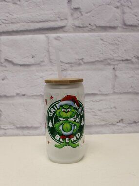Grinchmas Blend Frosted Glass Can Tumbler with Bamboo Lid and Straw